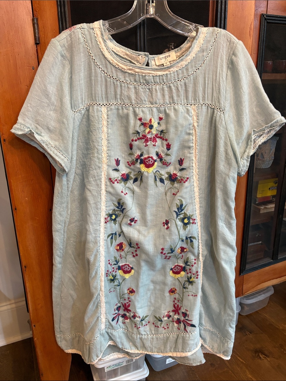 Umgee Light Blue Embroidered Floral Tunic Dress